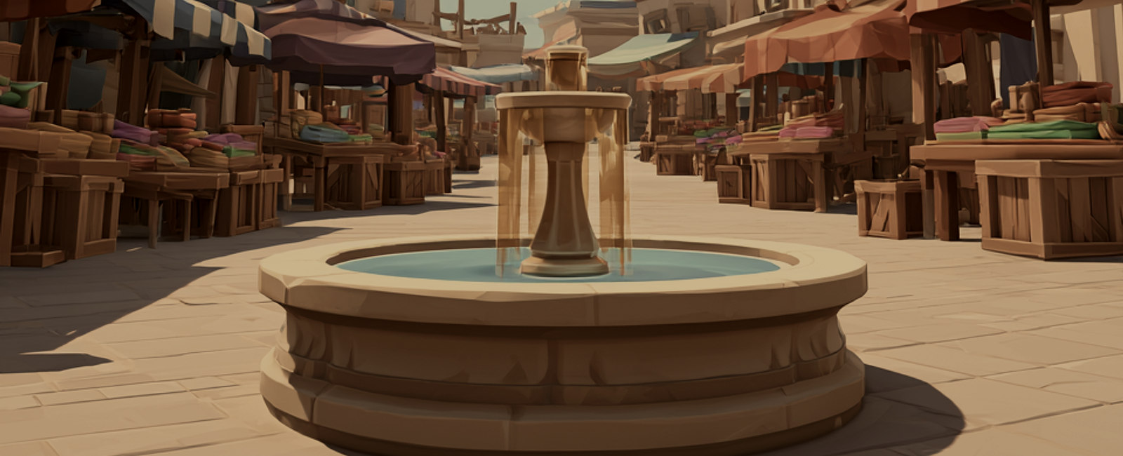A fountain at the edge of a bright market hub, gold water going up and coming down