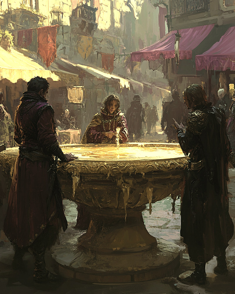 Three avatars gathered at the golden fountain in the market hub