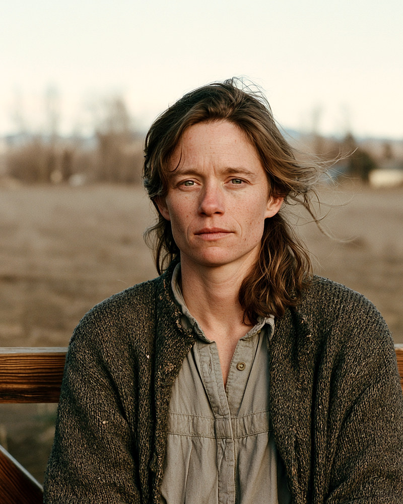 Ruth, standing at a fence line with an open field behind her
